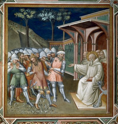 Le saint découvre la tromperie de Totila, roi des Ostrogoths, détail de la vie de saint Benoît (c.480-c.550), dans la sacristie, 1387 - Aretino Luca Spinello or Spinelli